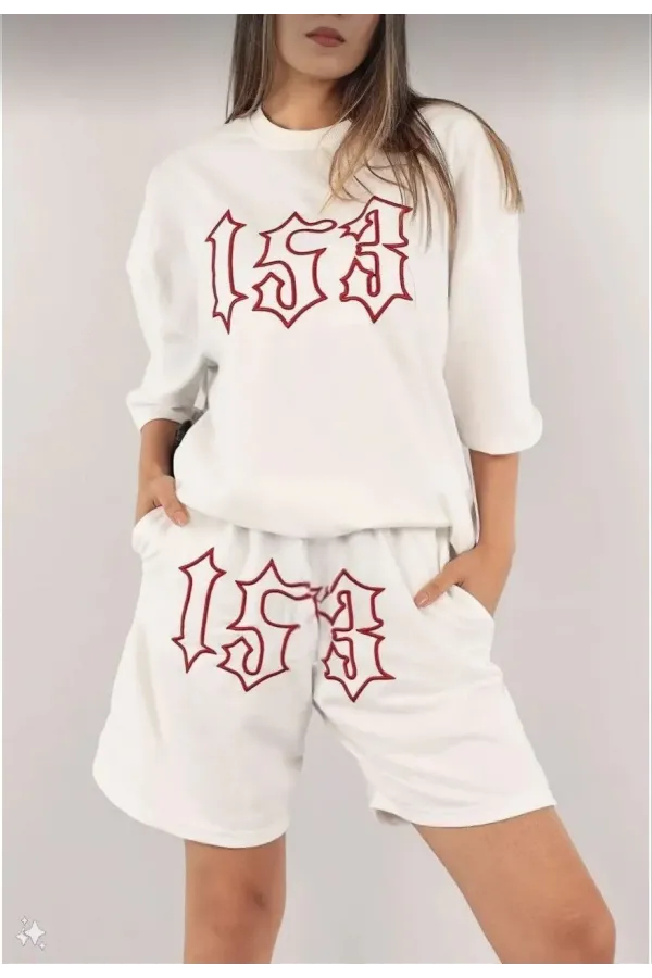 Kadın Nakış İşlemeli Şort Takım - Beyaz