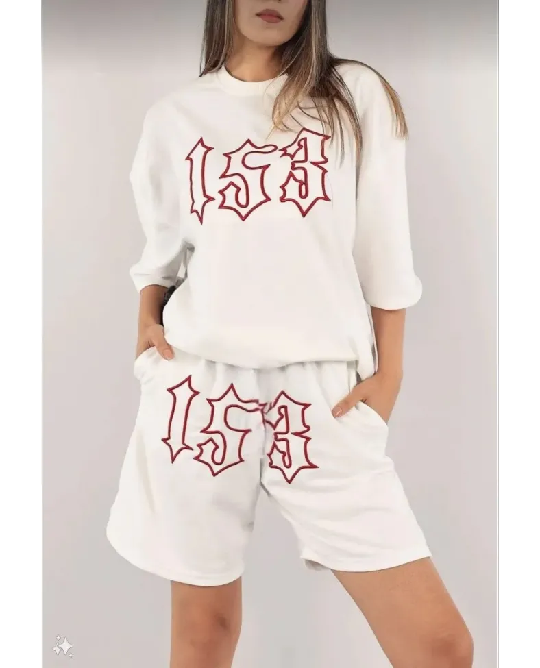 Kadın Nakış İşlemeli Şort Takım - Beyaz