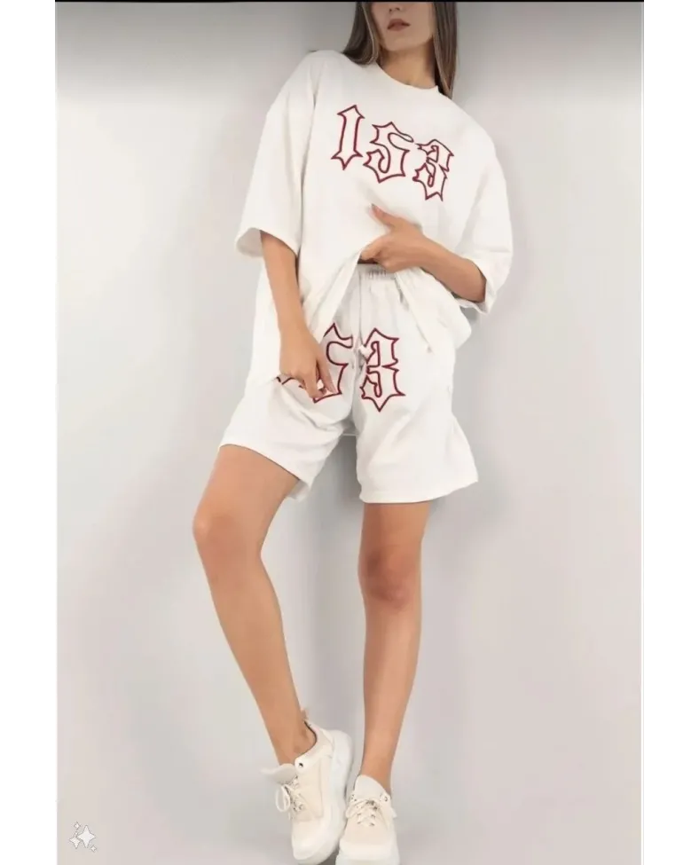 Kadın Nakış İşlemeli Şort Takım - Beyaz