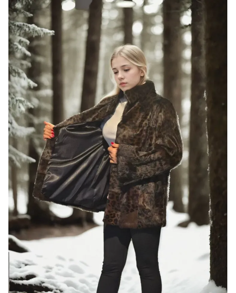 Kadın Uzun Kollu Deri Ceket - Leopar