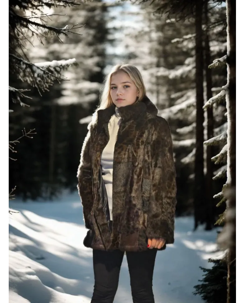 Kadın Uzun Kollu Deri Ceket - Leopar