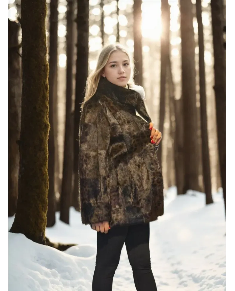 Kadın Uzun Kollu Deri Ceket - Leopar