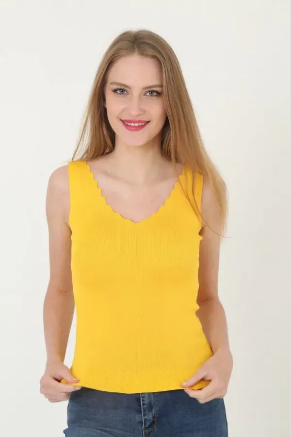 Kadın V Yaka Fırfır Detay Crop - Sarı