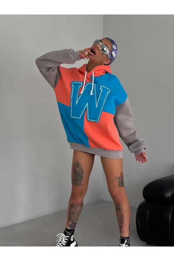 Kadın W Nakış İşlemeli Kapüşonlu 3 iplik pamuklu Parçalı Sweatshirt Hoodie - Mavi