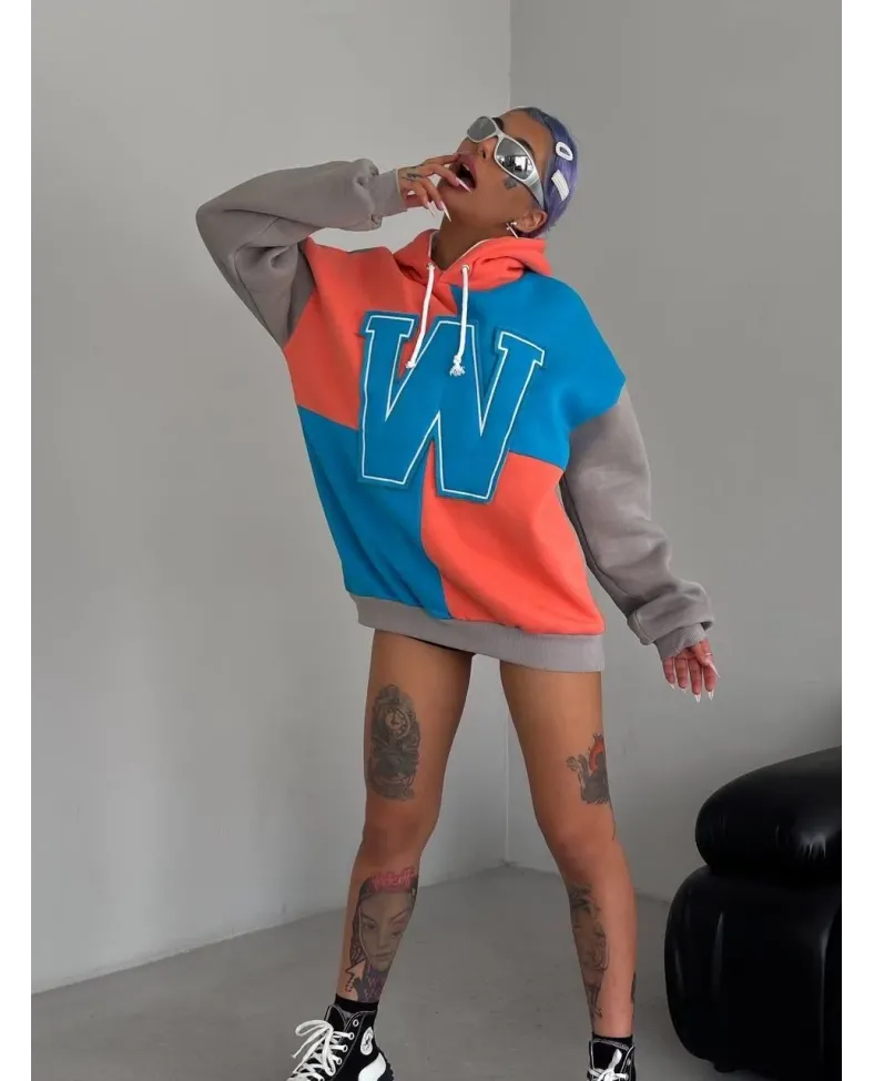 Kadın W Nakış İşlemeli Kapüşonlu 3 iplik pamuklu Parçalı Sweatshirt Hoodie - Mavi