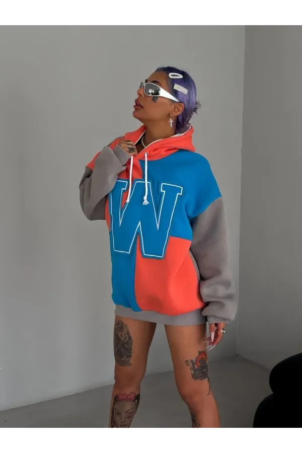 Kadın W Nakış İşlemeli Kapüşonlu 3 iplik pamuklu Parçalı Sweatshirt Hoodie - Mavi