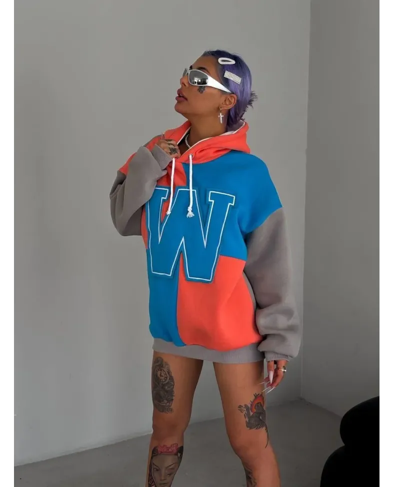 Kadın W Nakış İşlemeli Kapüşonlu 3 iplik pamuklu Parçalı Sweatshirt Hoodie - Mavi