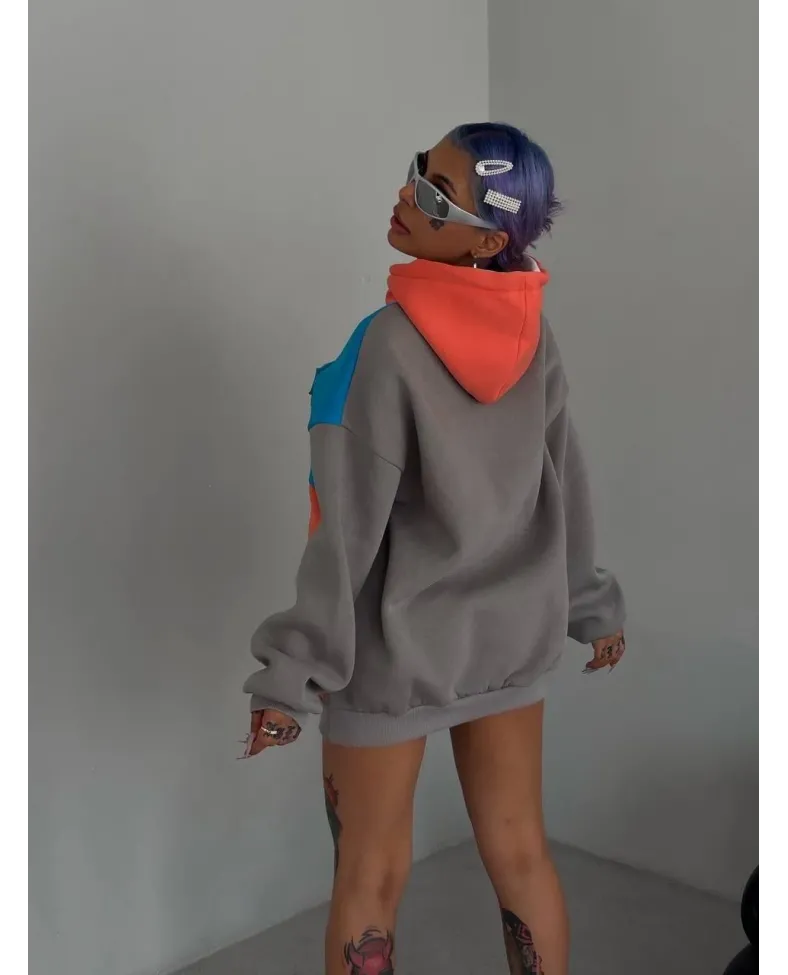 Kadın W Nakış İşlemeli Kapüşonlu 3 iplik pamuklu Parçalı Sweatshirt Hoodie - Mavi