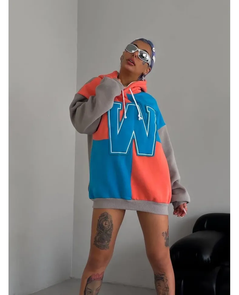 Kadın W Nakış İşlemeli Kapüşonlu 3 iplik pamuklu Parçalı Sweatshirt Hoodie - Mavi