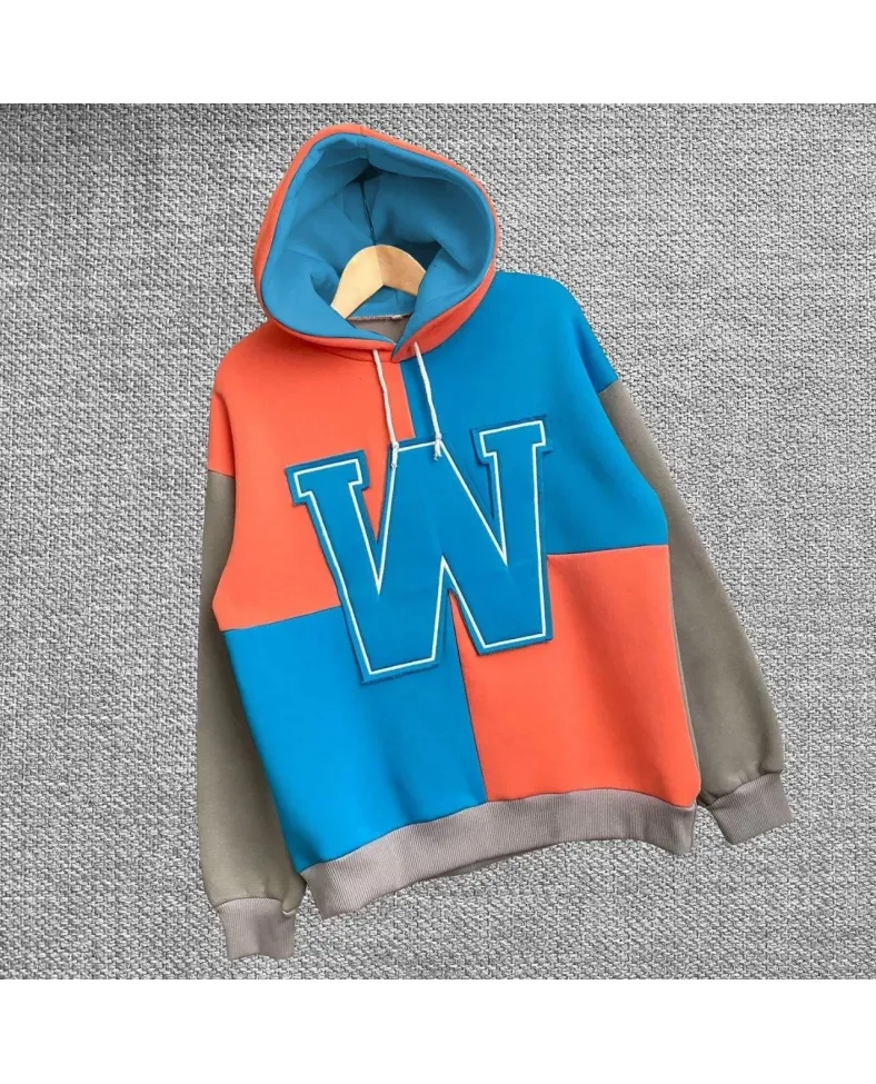 Kadın W Nakış İşlemeli Kapüşonlu 3 iplik pamuklu Parçalı Sweatshirt Hoodie - Mavi