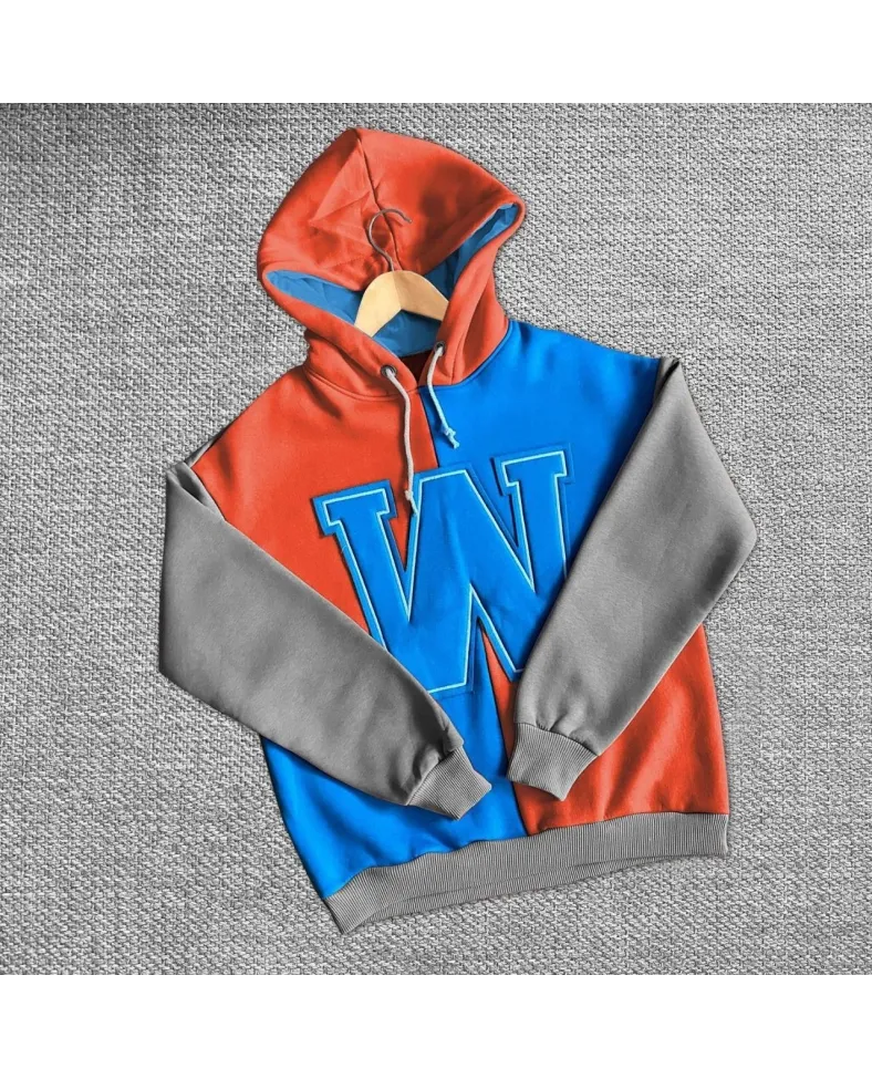 Kadın W Nakış İşlemeli Kapüşonlu 3 iplik pamuklu Parçalı Sweatshirt Hoodie - Mavi