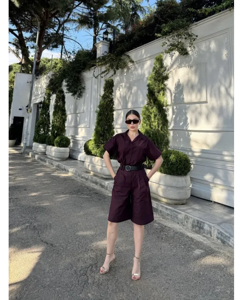 Kadın Yakalı Gömlek Kemerli Şortlu Takım - Bordo