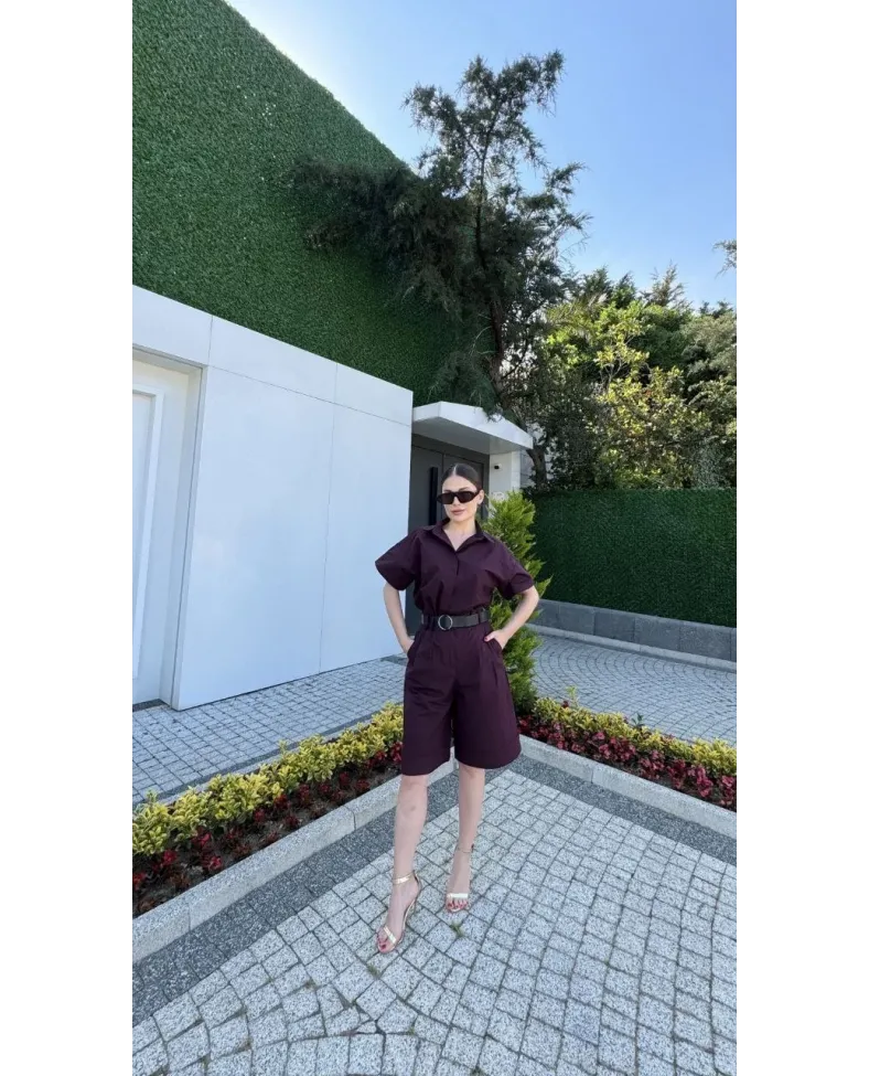 Kadın Yakalı Gömlek Kemerli Şortlu Takım - Bordo