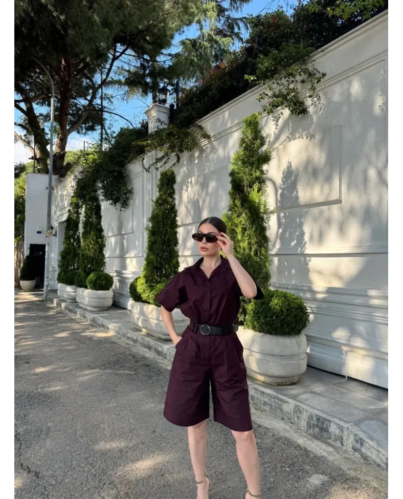 Kadın Yakalı Gömlek Kemerli Şortlu Takım - Bordo