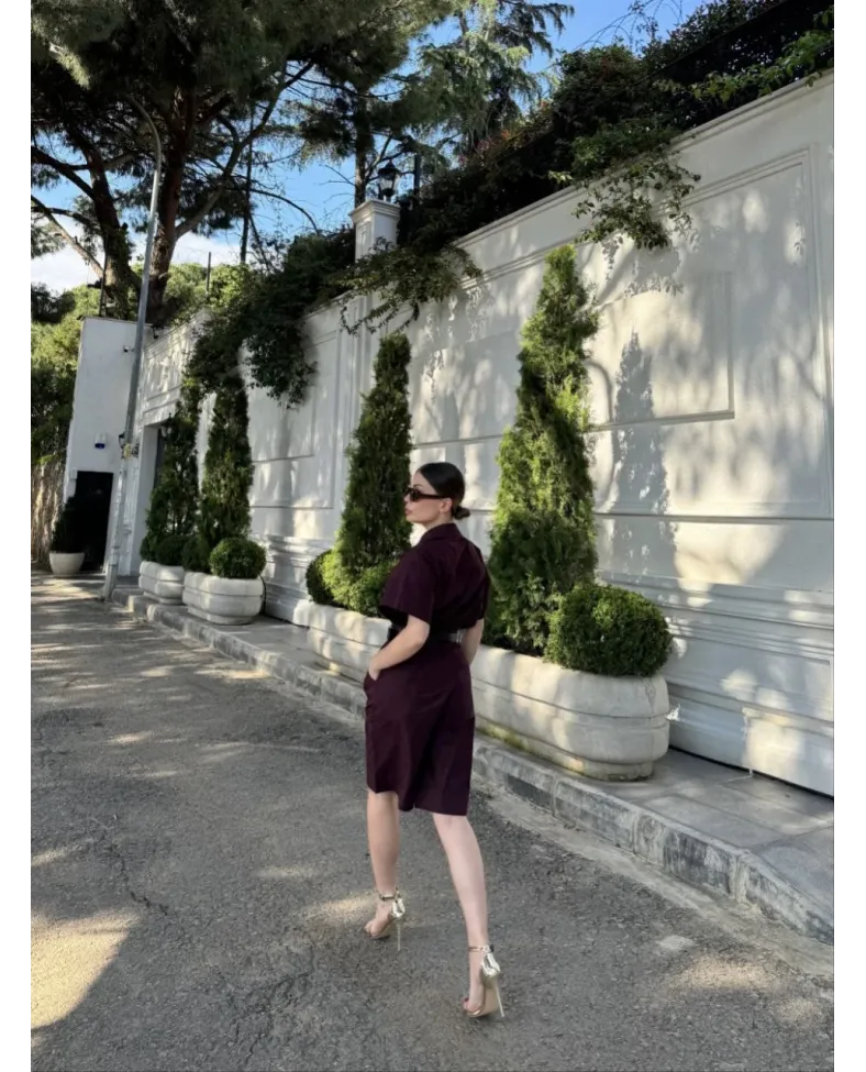 Kadın Yakalı Gömlek Kemerli Şortlu Takım - Bordo