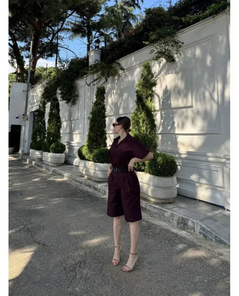 Kadın Yakalı Gömlek Kemerli Şortlu Takım - Bordo