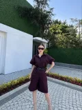 Kadın Yakalı Gömlek Kemerli Şortlu Takım - Bordo