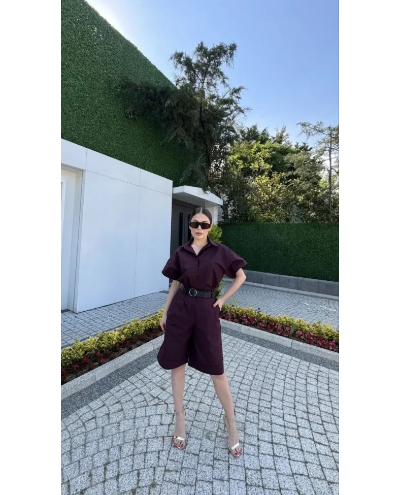 Kadın Yakalı Gömlek Kemerli Şortlu Takım - Bordo