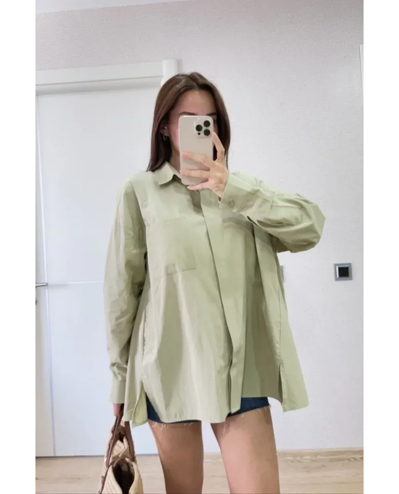 Poplin Kadın Yakalı Yandan Yırtmaçlı Arka Pens Detaylı Gömlek - Yeşil