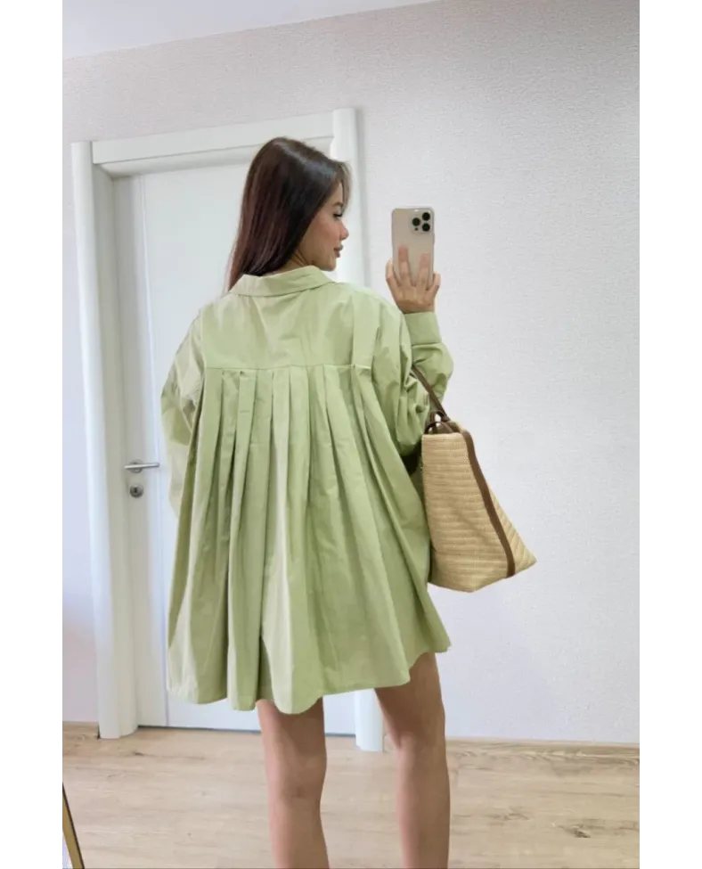 Poplin Kadın Yakalı Yandan Yırtmaçlı Arka Pens Detaylı Gömlek - Yeşil