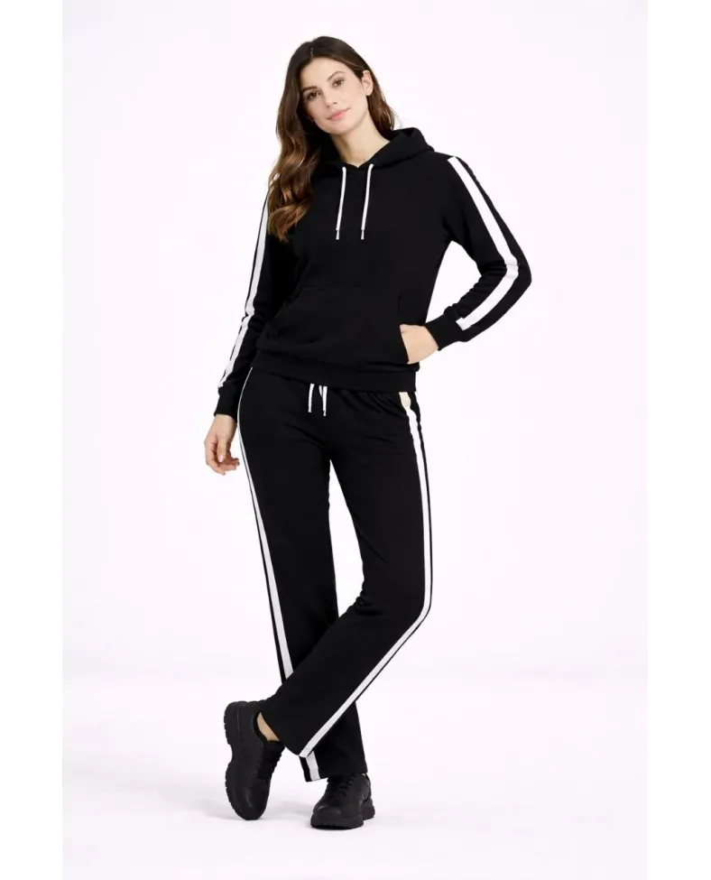 Kadın Yandan Şeritli Eşofman Takım 3 İplik Kapüşonlu Sweatshirt Boru Paça - Siyah