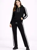 Kadın Yandan Şeritli Eşofman Takım 3 İplik Kapüşonlu Sweatshirt Boru Paça - Siyah