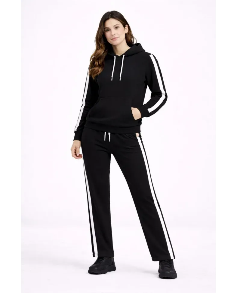 Kadın Yandan Şeritli Eşofman Takım 3 İplik Kapüşonlu Sweatshirt Boru Paça - Siyah