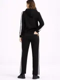 Kadın Yandan Şeritli Eşofman Takım 3 İplik Kapüşonlu Sweatshirt Boru Paça - Siyah