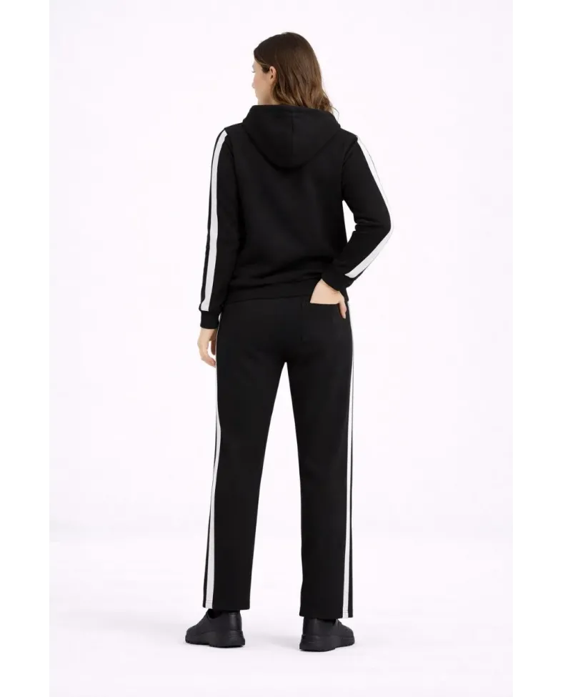 Kadın Yandan Şeritli Eşofman Takım 3 İplik Kapüşonlu Sweatshirt Boru Paça - Siyah