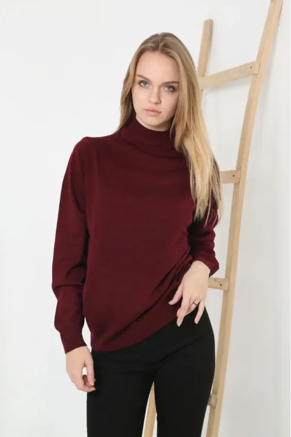 Kadın Yarım Boğaz Triko Yumuşak Dokulu Pamuklu Uzun Kollu Kazak - Bordo
