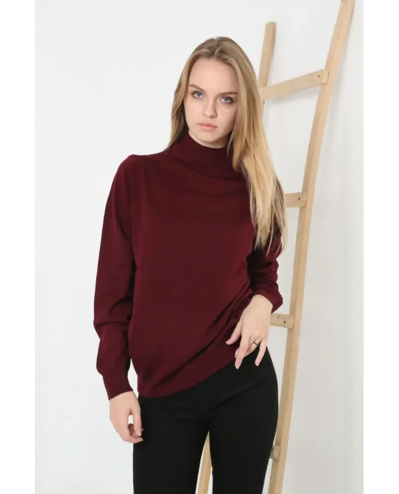 Kadın Yarım Boğaz Triko Yumuşak Dokulu Pamuklu Uzun Kollu Kazak - Bordo
