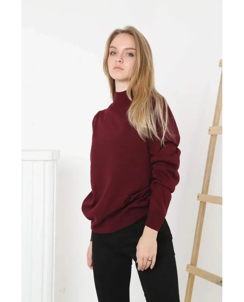 Kadın Yarım Boğaz Triko Yumuşak Dokulu Pamuklu Uzun Kollu Kazak - Bordo
