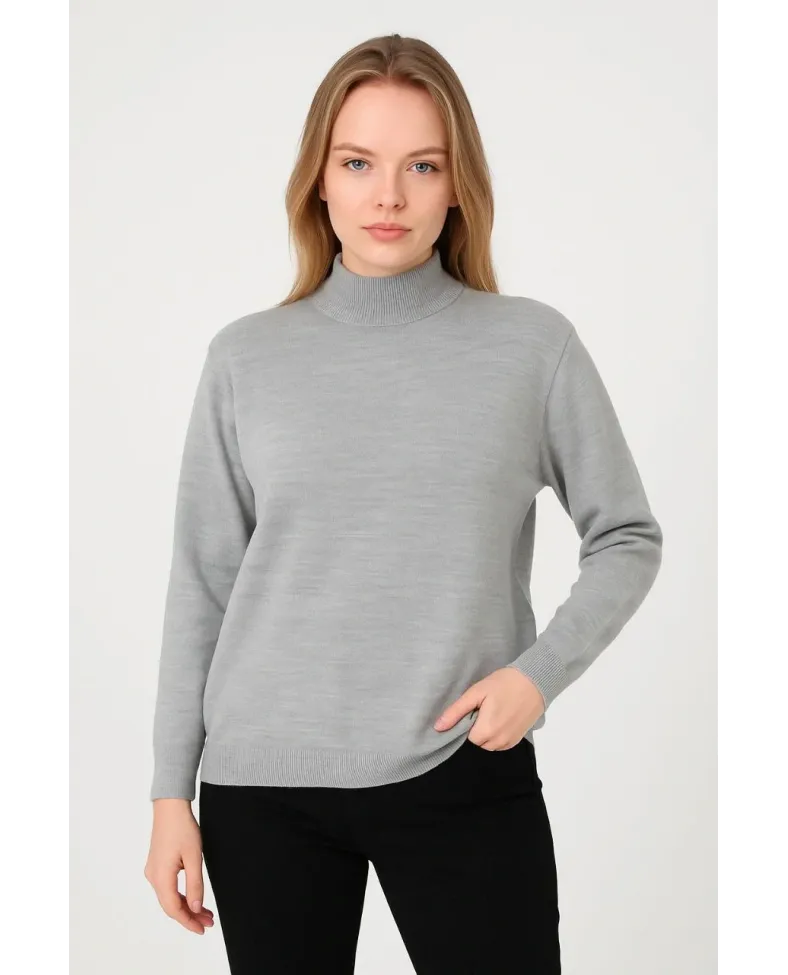 Kadın Yarım Boğaz Triko Kazak yumuşak dokulu Pamuklu ince Dokuma uzun kollu Regular - Gri