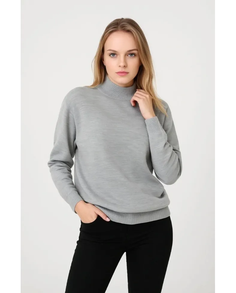 Kadın Yarım Boğaz Triko Kazak yumuşak dokulu Pamuklu ince Dokuma uzun kollu Regular - Gri