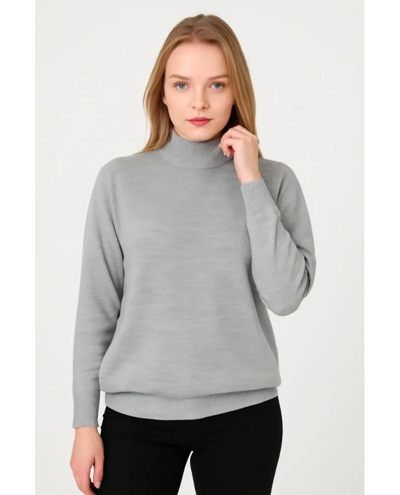 Kadın Yarım Boğaz Triko Kazak yumuşak dokulu Pamuklu ince Dokuma uzun kollu Regular - Gri