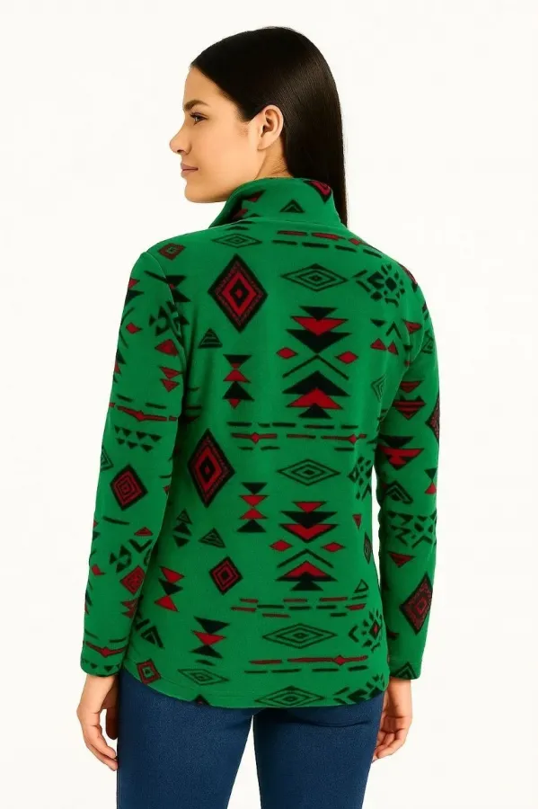 Kadın Yarım Fermuarlı Desenli Polar Sweat Tribal Etnik Desen Yakalı Uzun Kollu - Yeşil