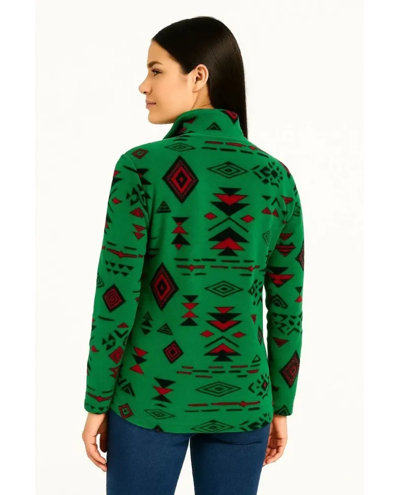 Kadın Yarım Fermuarlı Desenli Polar Sweat Tribal Etnik Desen Yakalı Uzun Kollu - Yeşil
