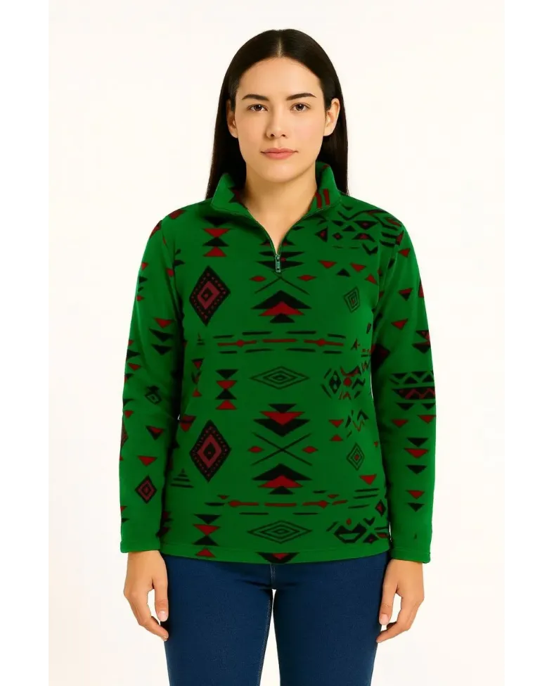 Kadın Yarım Fermuarlı Desenli Polar Sweat Tribal Etnik Desen Yakalı Uzun Kollu - Yeşil