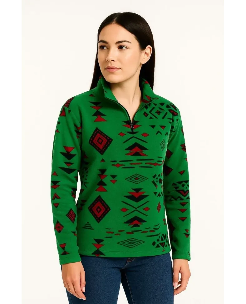 Kadın Yarım Fermuarlı Desenli Polar Sweat Tribal Etnik Desen Yakalı Uzun Kollu - Yeşil