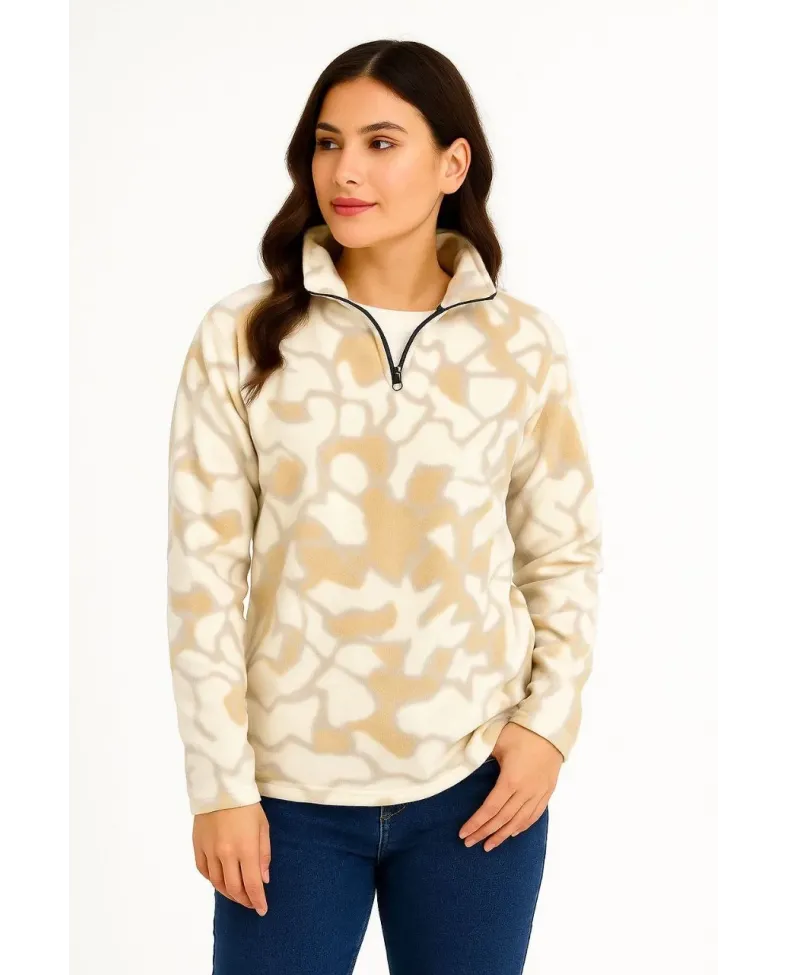 KADIN Yarım Fermuarlı Desenli Polar Sweat Yakalı Uzun Kollu Oversize Kalıp - Bej