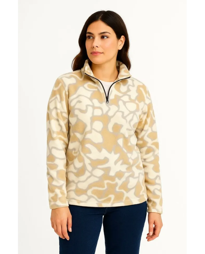 KADIN Yarım Fermuarlı Desenli Polar Sweat Yakalı Uzun Kollu Oversize Kalıp - Bej