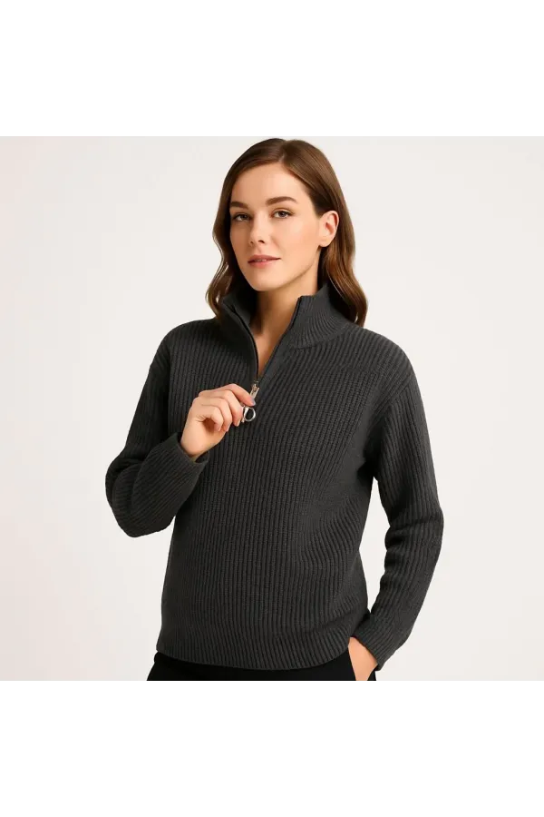 KADIN Yarım Fermuarlı Triko Kazak Selanik Örgü Dik Yaka Pamuklu Dokuma Oversize - Füme