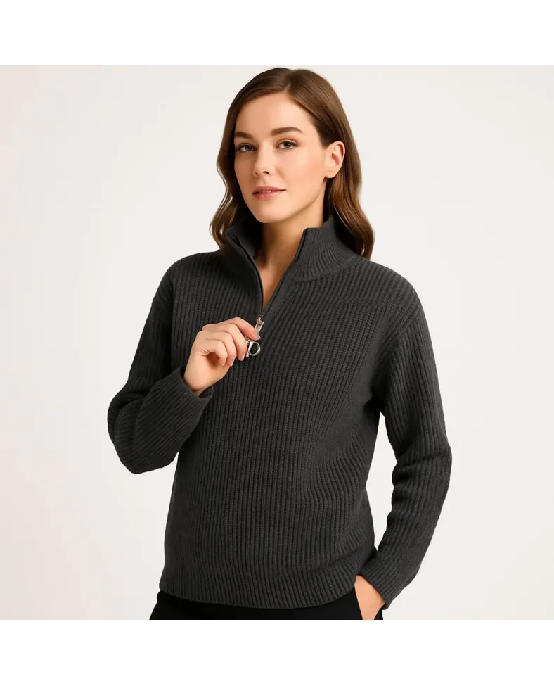 KADIN Yarım Fermuarlı Triko Kazak Selanik Örgü Dik Yaka Pamuklu Dokuma Oversize - Füme