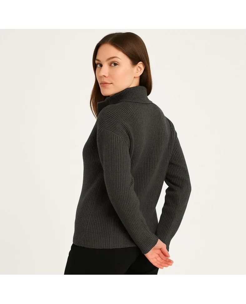 KADIN Yarım Fermuarlı Triko Kazak Selanik Örgü Dik Yaka Pamuklu Dokuma Oversize - Füme