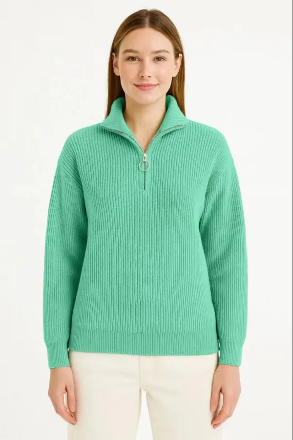 KADIN Yarım Fermuarlı Triko Kazak Selanik Örgü Dik Yaka Pamuklu Dokuma - Mint Yeşili