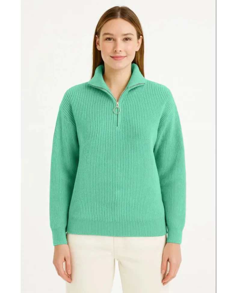 KADIN Yarım Fermuarlı Triko Kazak Selanik Örgü Dik Yaka Pamuklu Dokuma - Mint Yeşili Somersan Giyim | Kadın, Erkek ve Çocuk Moda