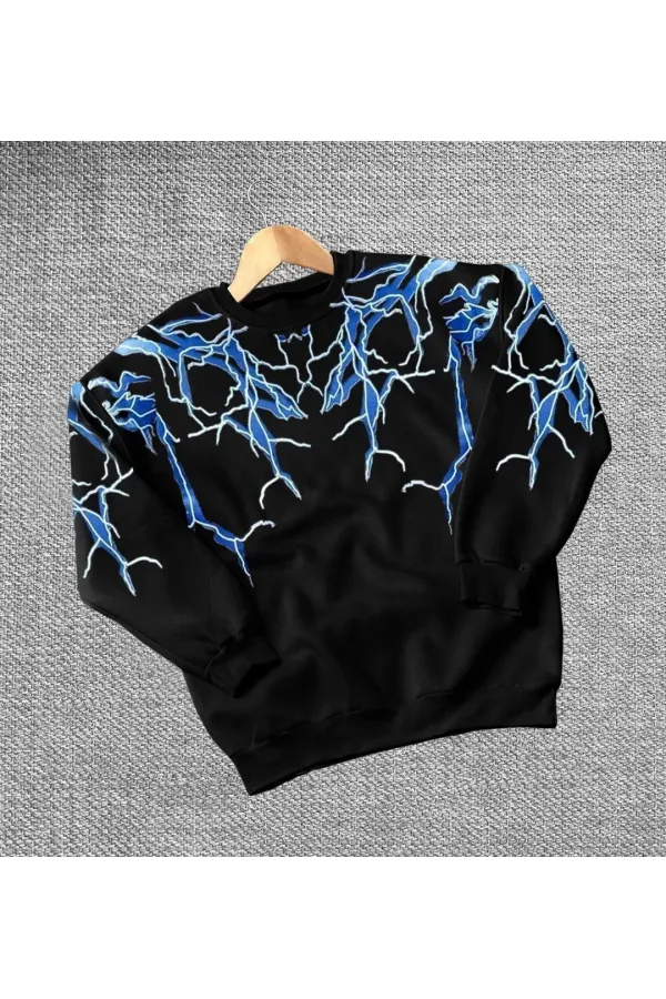 Kadın Yıldırım Baskılı Bisiklet Yaka 3 iplik pamuklu Sweatshirt - Siyah