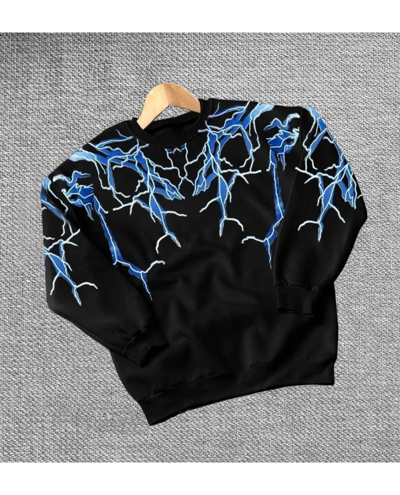 Kadın Yıldırım Baskılı Bisiklet Yaka 3 iplik pamuklu Sweatshirt - Siyah Somersan Giyim | Kadın, Erkek ve Çocuk Moda