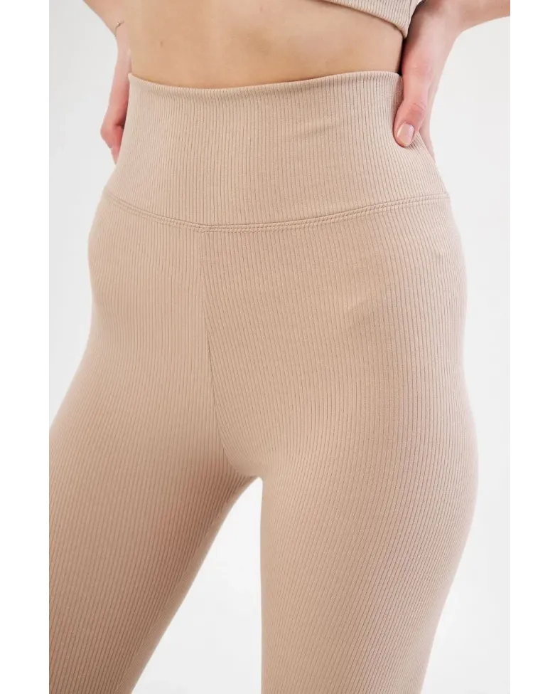 Kadın Fitilli Full Likralı Yüksek Bel Toparlayıcı Tayt Günlük ve Spor Kullanım - Bej
