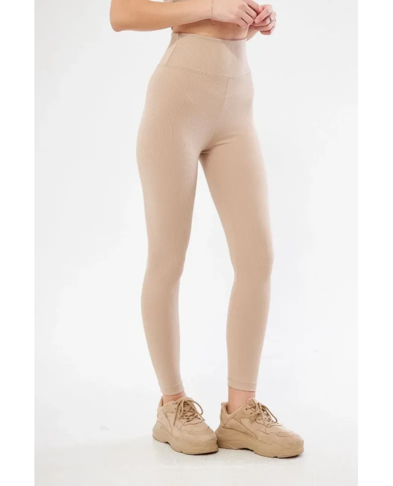 Kadın Fitilli Full Likralı Yüksek Bel Toparlayıcı Tayt Günlük ve Spor Kullanım - Bej